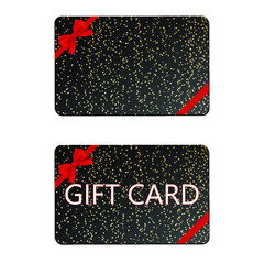 Gift card template with red ribbon and a bow on black background with stars. Stock vector illustration on white isolated background.