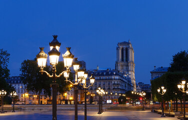 View of the bell towers of Notre-Dame de Paris cathedral and traditional street lamps in the...