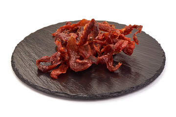 Jerked salmon fillet, dried fish meat, isolated on white background