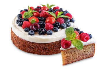 Cake with cream cheese frosting, mint leaves and berries jn a white isolated background