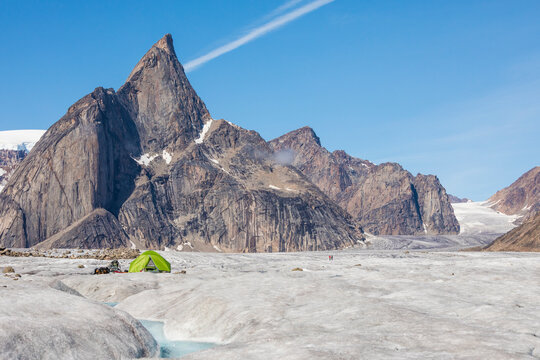 Camping on glacier below Mt. Loki, Baffin Island.