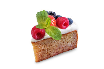 Cake with cream cheese frosting, mint leaves and berries jn a white isolated background