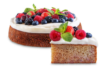 Cake with cream cheese frosting, mint leaves and berries jn a white isolated background