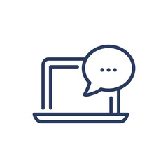 Chat on laptop thin line icon. Speech bubble, dialogue, message isolated outline sign. Communication, internet, network concept. Vector illustration symbol element for web design and apps