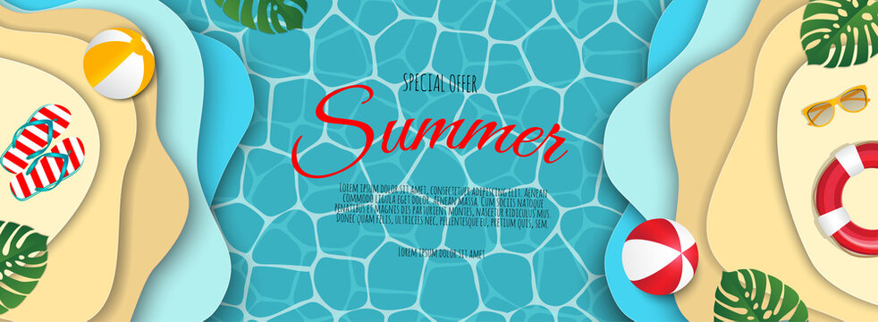 Summer sale banner with paper cut frame on blue sea and beach background.