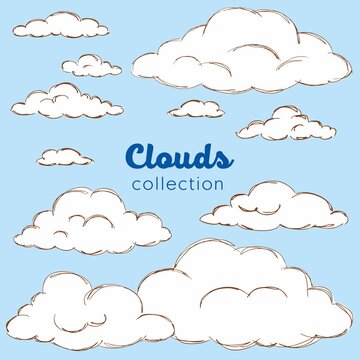 Clouds collection in the blue sky, hand-drawn.