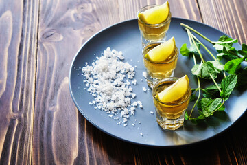Tequila shot with lime and sea salt on grey plate