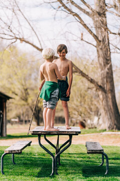 Two boysplaying on picnic table
