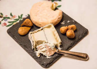 Cheese Black stone Platter and Fruit on tablecloth