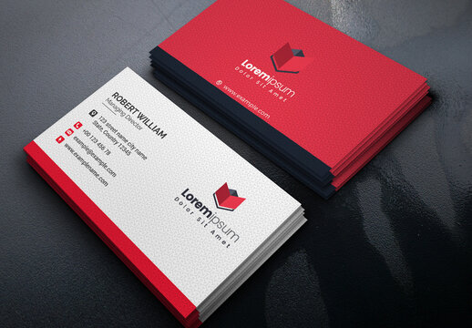 Clean Corporate Business Card Layout with Red Patterned Accents