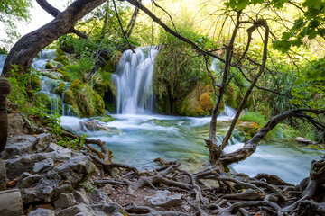 Beautiful Great Warefall in Plitvice Lakes national park in Croatia, a stunning water cascade with crystal clear lakes and waterfalls among forest and wildlife