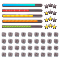 Cartoon stone game assets, simple kit for game ui development, vector gui elements. Set of different elements for game: colorful progress bars, menu buttons and icons, stars, levels.
