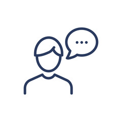 Speaking person thin line icon. Man with speech bubble, thought cloud isolated outline sign. Communication, discussion concept. Vector illustration symbol element for web design and apps