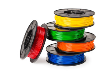 Black, red, blue, green, violet, orange, yellow, white filament 3d printer isolated on white...