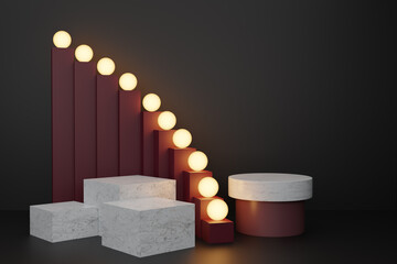 Podium concept product display background, marble stone round pedestal or platform and frame. blank space, stairs and lights, 3d rendering. 