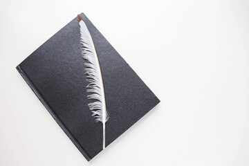 black notebook, feather and candle on a white background