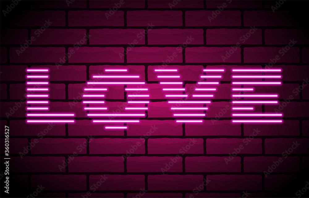 Wall mural neon love text on a brick wall. valentines day background with purple glowing neon signboard with gl