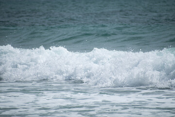 Small cresting wave in the Atlantic Ocean on the coast. Blue green ocean waves with sea foam and salt water spray. Beach travel photos.