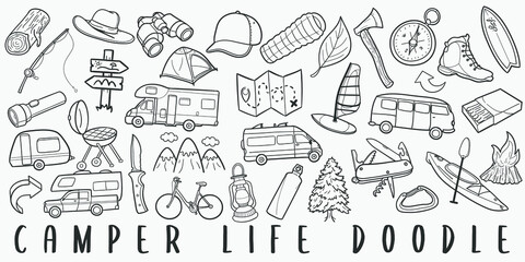 Camper Lifestyle Doodle Line Art Illustration. Hand Drawn Vector Clip Art. Banner Set Logos.