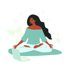 Flat vector cartoon illustration of a woman performing online yoga exercises at home with a laptop in her room. Home activity. The concept of a healthy lifestyle for poster and banner