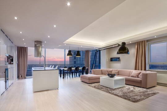 Luxury apartment interior during sunset