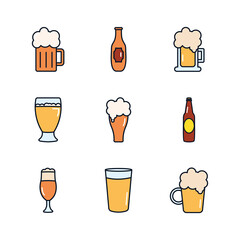 beer glasses and liquor bottles icon set, line fill style