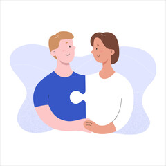 Couple match concept, two jigsaw puzzle pieces, romantic relationship, boyfriend and girlfriend hug holding hands, vector characters, romance and love