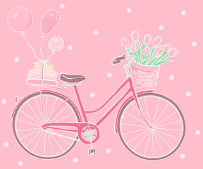 Greeting card with a Bicycle, books, balloons and a bouquet of tulips in the basket. Pink retro bike on pink background. Happy Birthday. Hand-drawn. Colorful vector illustration in sketch style.