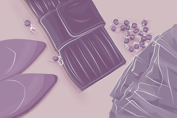 Romantic dress, shoes, clutches and pearl jewelry. Raster illustration