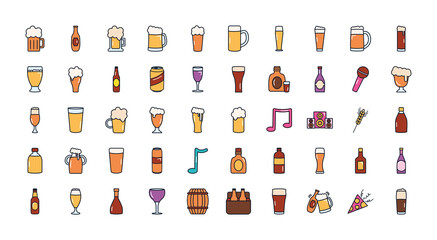 beer glasses icon set, line fill style