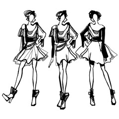 Vector illustration set of various beautiful model girls in dress. Lady girls