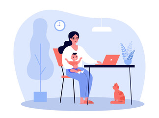 Happy mother holding baby and working online at home flat vector illustration. Cartoon mom sitting at desk and using laptop computer. Motherhood and freelance concept