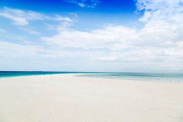 Fototapeta na wymiar Clean white sand beach with turquoise water . Tropical island background. Small waves crushing on the beach. Clean empty white sand beach on Zanzibar. Isolated on the tropical beach 