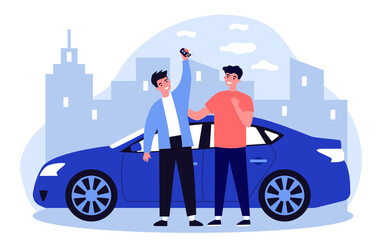 Happy guys celebrating buying car. Friends, car rent, car sharing flat vector illustration. Driving, urban transport, automobile concept for banner, website design or landing web page
