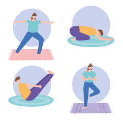 Obraz premium people practicing yoga different pose exercises, healthy lifestyle, physical and spiritual practice set