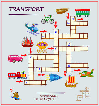 LEARN FRENCH. Crossword puzzle game with transport. Educational page for children to study French language and words. Printable worksheet for kids textbook. School exercise book. Flat vector.