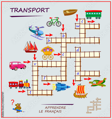 Learn French Crossword Puzzle Game With Transport Educational Page For Children To Study Age And Words Printable Worksheet Kids Textbook School Exercise Book Flat Vector Wall Mural Nataljacernecka - Wall In French Crossword