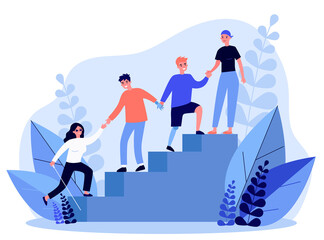Disabled people helping to each other. Handicapped men and women holding hands and climbing upstairs flat vector illustration. Community, support concept for banner, website design or landing web page