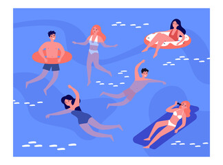 Happy people swimming in sea isolated flat vector illustration. Cartoon characters playing and relaxing in ocean water. Summer activity and vacation concept