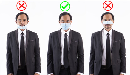 Asian people in suits and wearing protective masks in various forms