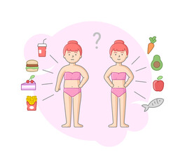 Concept Of Good Nutrition. Causes and Consequences Of Unhealthy Eating. Compare On Example Of Influence On Human Body Of Healthy And Unhealthy Meal. Cartoon Linear Outline Flat Vector Illustration