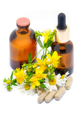 Herbal capsules, tincture and oil from  St. John's wort and chamomile