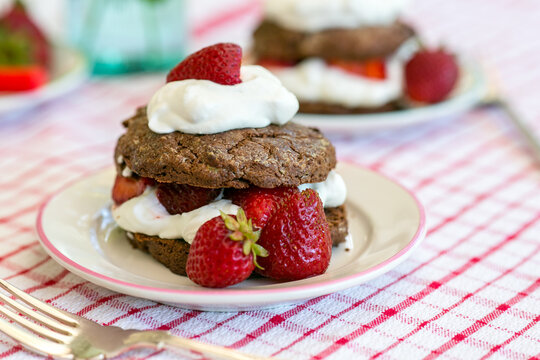 Chocolate shortcake with strawberries and cream, homemade