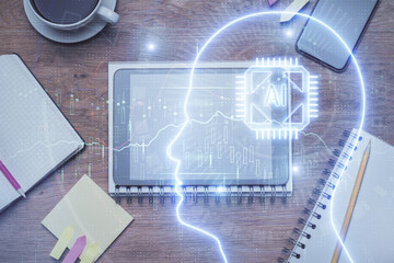 Multi exposure of brain drawing over work table desktop. Top view. Global data analysis concept.