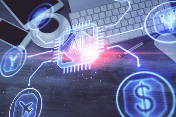 Double exposure of technology theme drawing over work table desktop. Top view. Global data analysis concept.
