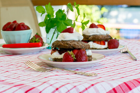 Chocolate strawberry shortcake with whipped cream outdoors on plates