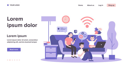 Children using devices at home. Smartphone, learning game, social media flat vector illustration. Communication, internet, lockdown concept for banner, website design or landing web page