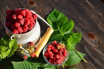 ripe, bright and fragrant raspberries with green leaves in early summer