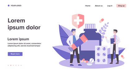 Doctor with prescription and pharmacist with ointment tube discussing treatment, pills and drug in drugstore. Vector illustration for pharmacy, medicine, medical checkout concept