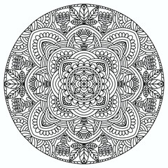mandala with plants and abstract ornaments drawn in folk style on a white background for coloring, vector